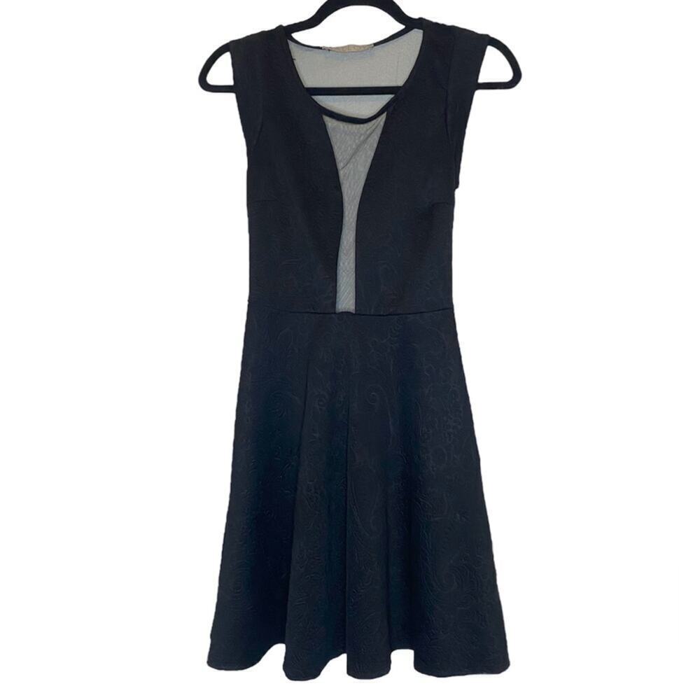 Malloy Black Plunging Illusion Mesh Floral A Line Mini Sleeveless Dress Size S